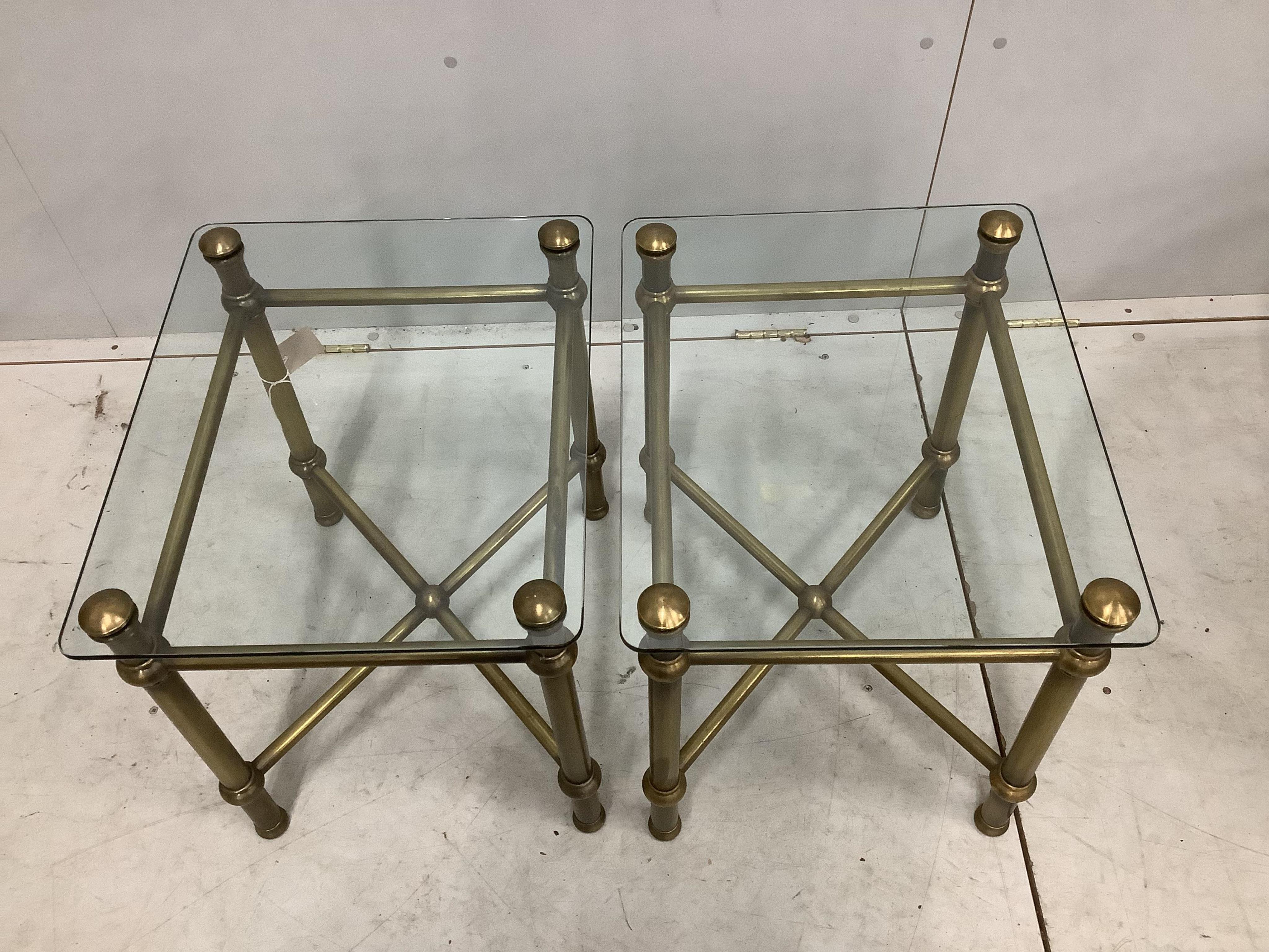 A pair of contemporary lacquered brass square glass top occasional tables. Width 41cm, height 51cm. Condition - good